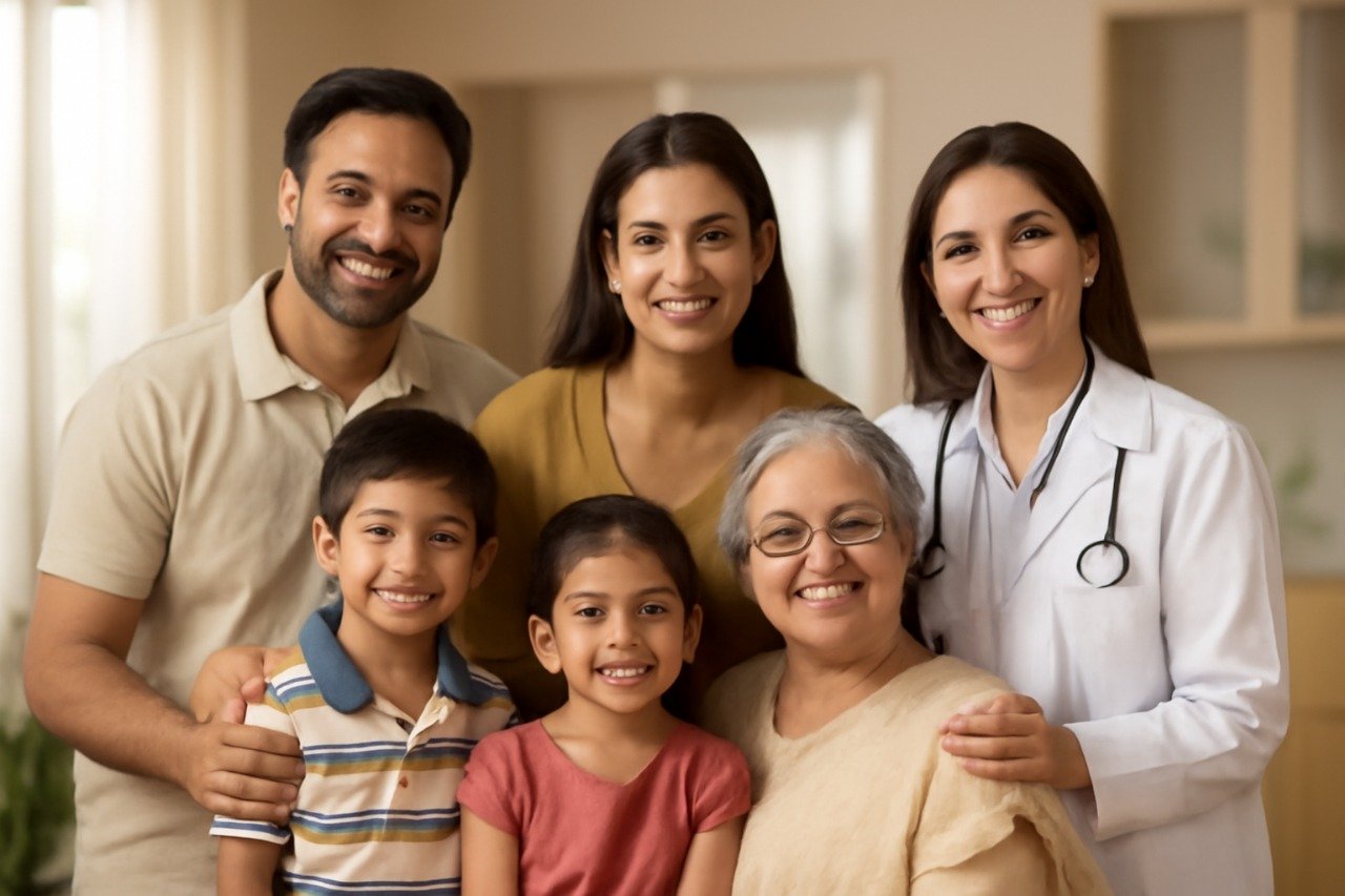 Happy diverse family in doctor's office with medical professional